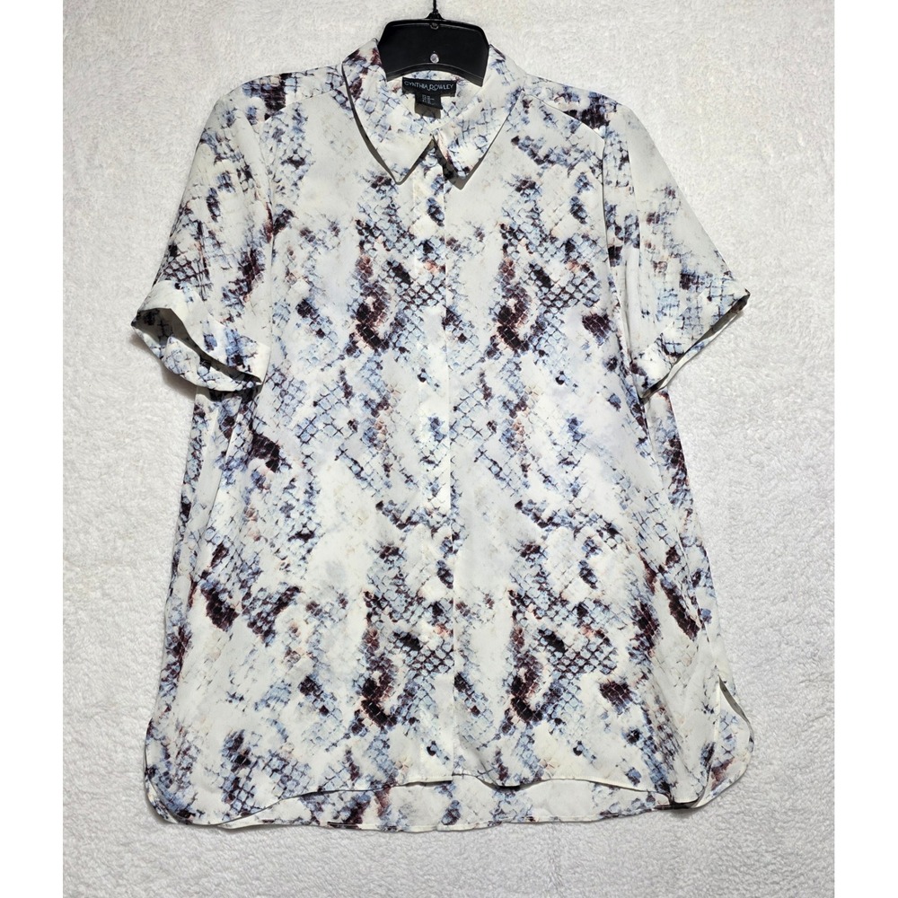 Cynthia Rowley Women Blue Snakeskin Print Short Sleeve Button Down Blouse Size M